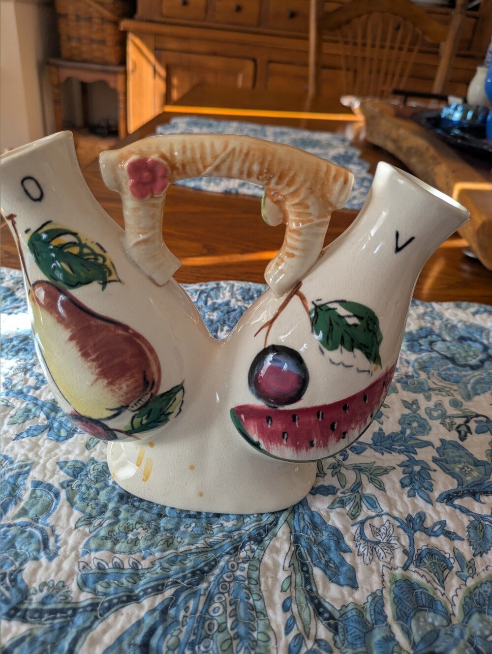 Vintage Double-Spouted Ceramic Vinegar and Oil Cruet Hand-Painted MCM